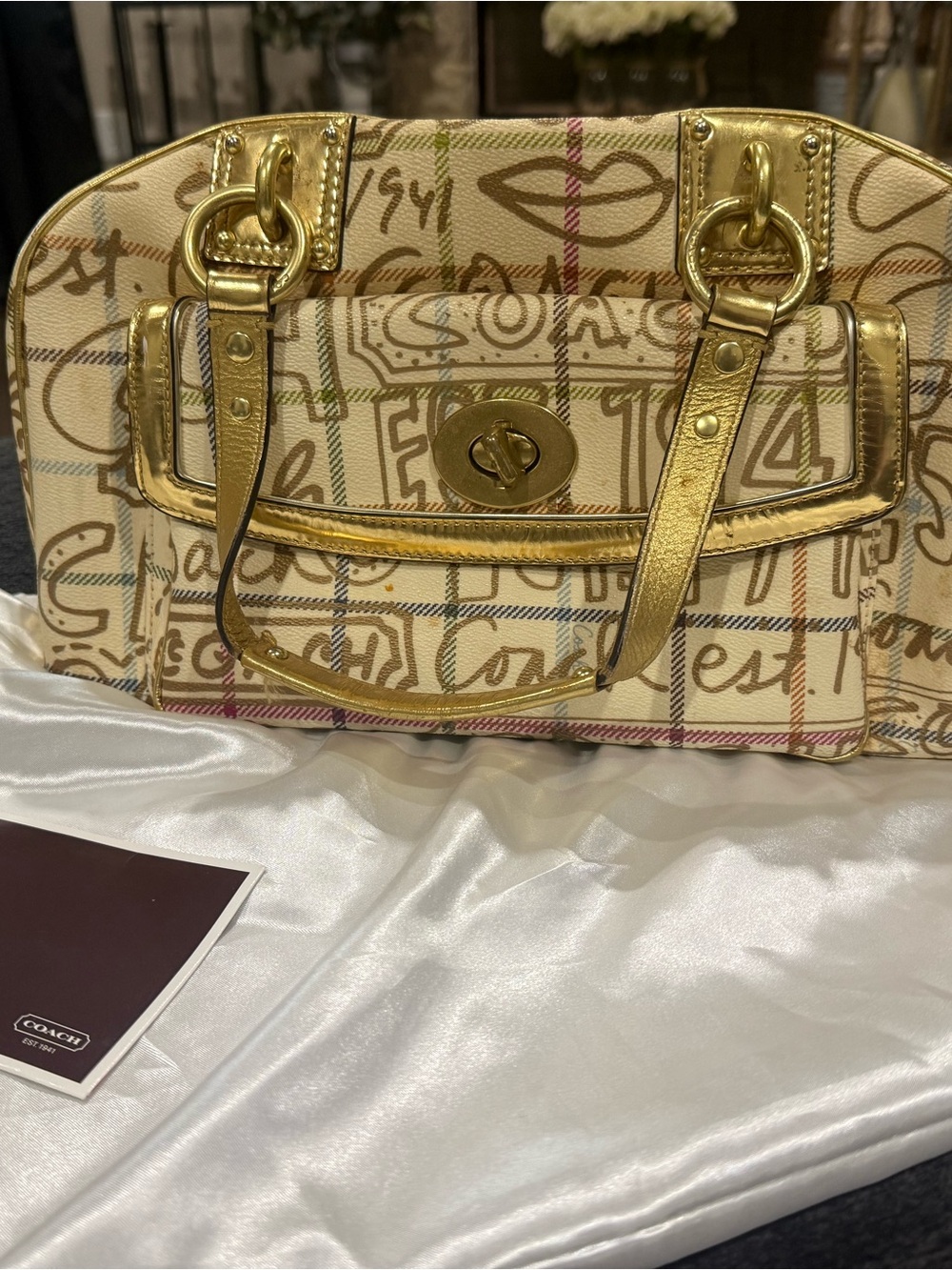 Coach Cream Signature Scribble Canvas Satchel with Gold Trim